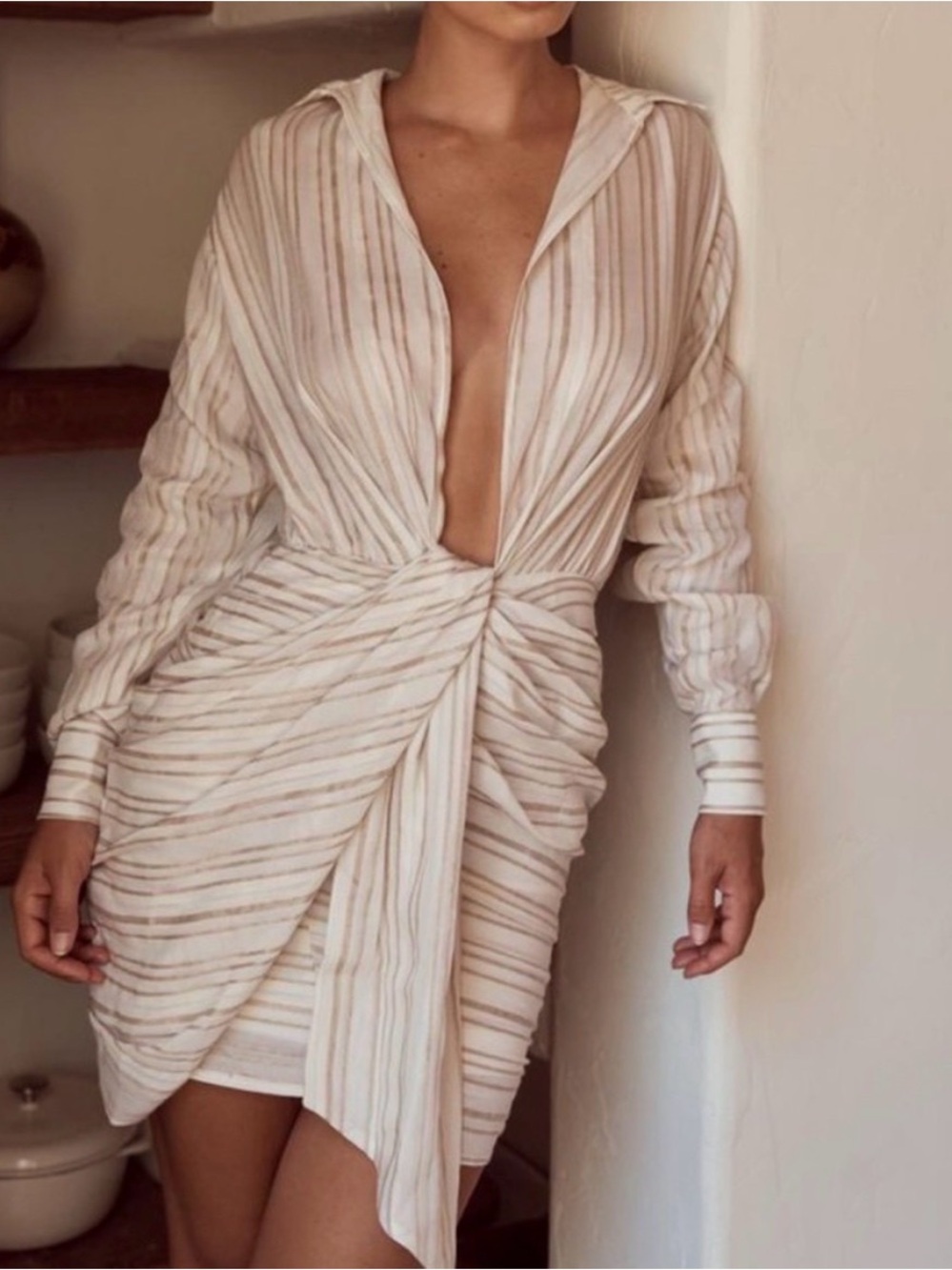 House of CB Cream & Tan Striped Twist-Front Mini Dress